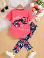 2pcs Girls' Clothing Party Slogan Large Glasses Print Pattern Drop Shoulder Irregular Hem Design Loose Short Sleeve T-Shirt + Floral Print Skinny Nine-Tenths Bottoms Set Girls' Summer Outfit Holiday Gift Girls' Fashion Casual - The Superior Findings Depot