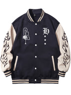 Warm Letter Print Star Pattern Embroidery Varsity Jacket, Men's Casual Color Block Button Up Jacket For Spring Fall School Baseball - The Superior Findings Depot