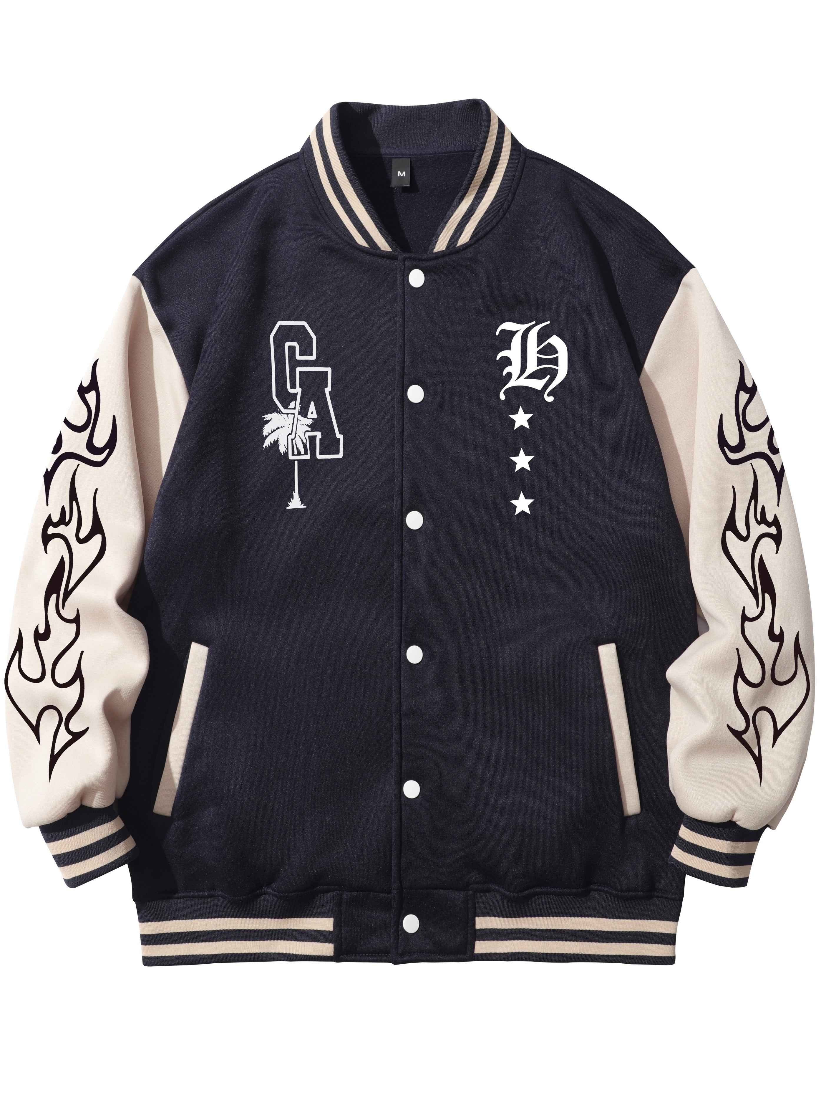 Warm Letter Print Star Pattern Embroidery Varsity Jacket, Men's Casual Color Block Button Up Jacket For Spring Fall School Baseball - The Superior Findings Depot
