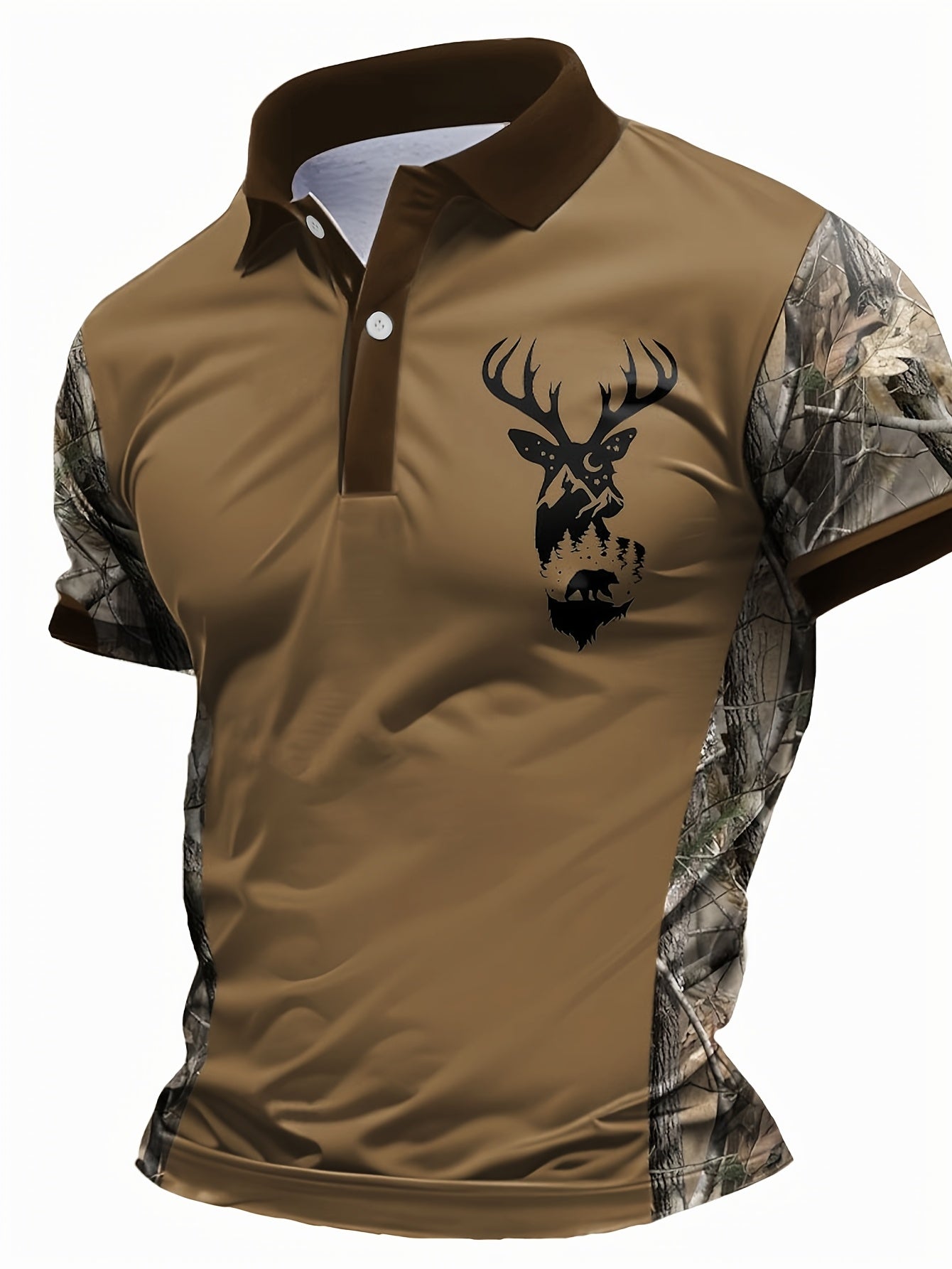 Men's Camouflage Sleeve Shirt - Khaki Base with Elk Print