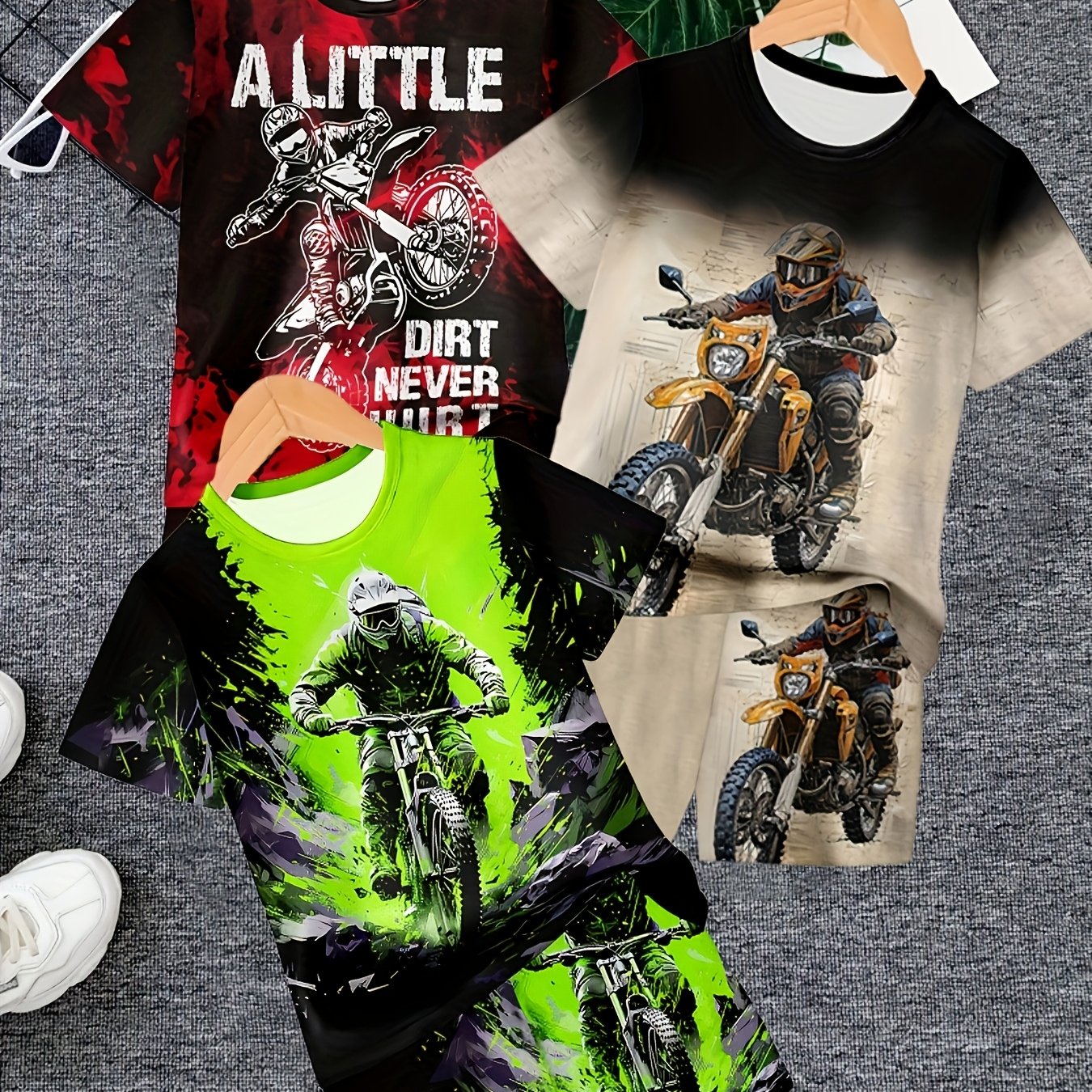 6pcs Boys' Cool Off-Road Motorcycle 3D Print T-Shirt & Shorts Set