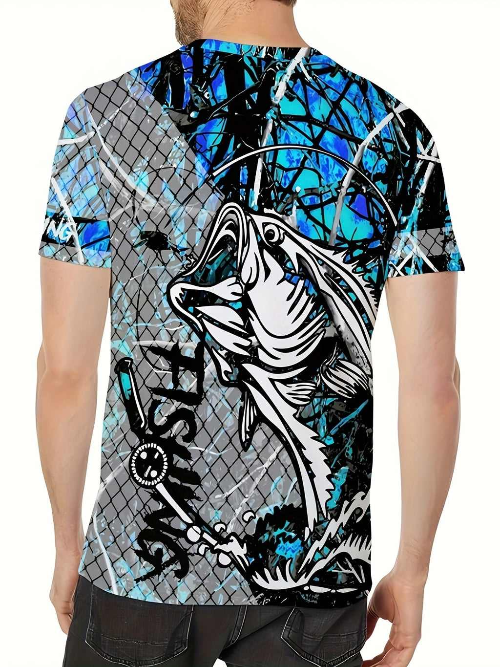 Men's Fashion Casual Crew Neck 3D Fishing Print T-Shirt, 100% Polyester Knit Fabric, Casual Style with Slight Stretch, Regular Fit Animal Pattern Tee