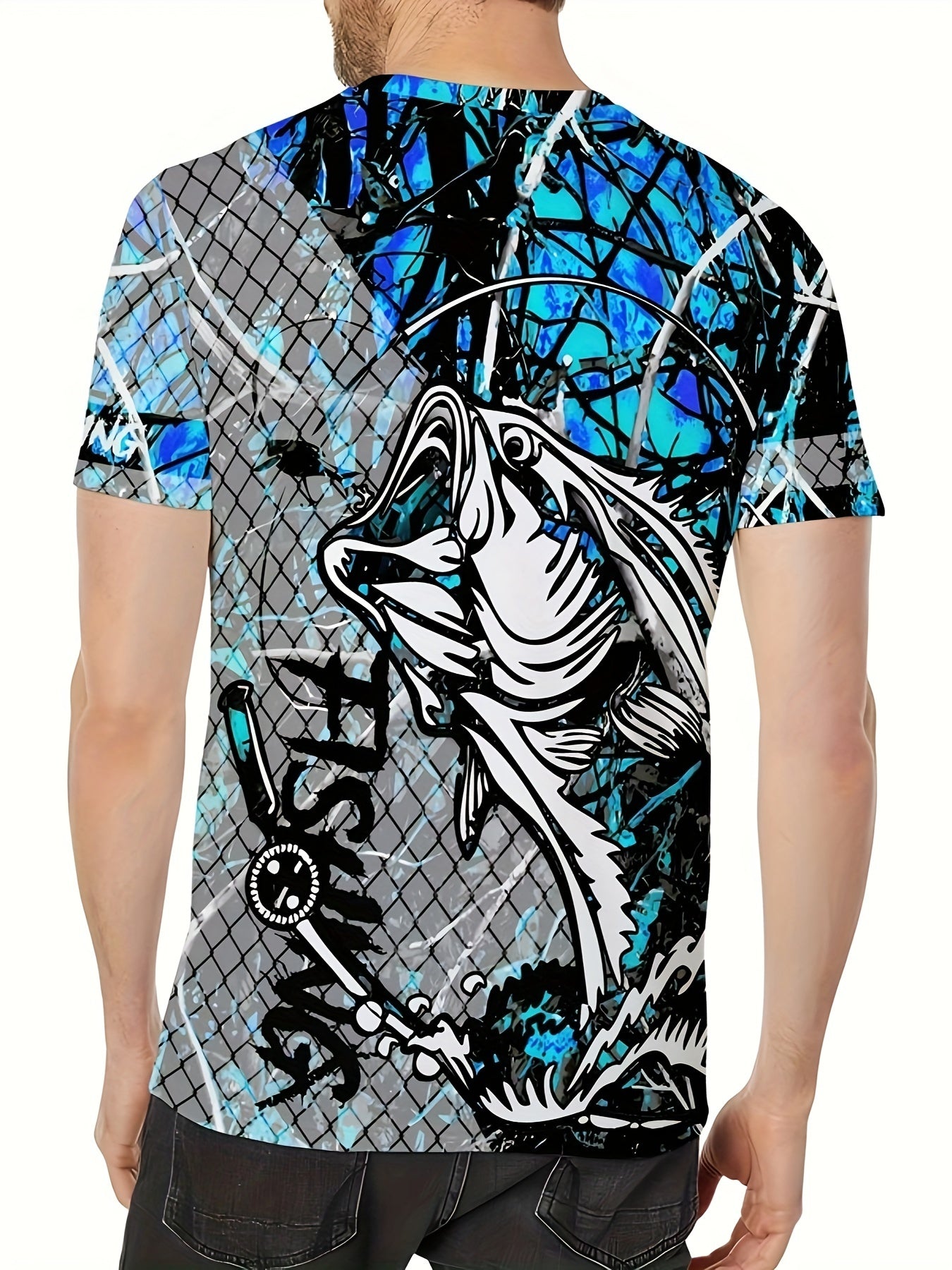 Men's Fashion Casual Crew Neck 3D Fishing Print T-Shirt, 100% Polyester Knit Fabric, Casual Style with Slight Stretch, Regular Fit Animal Pattern Tee