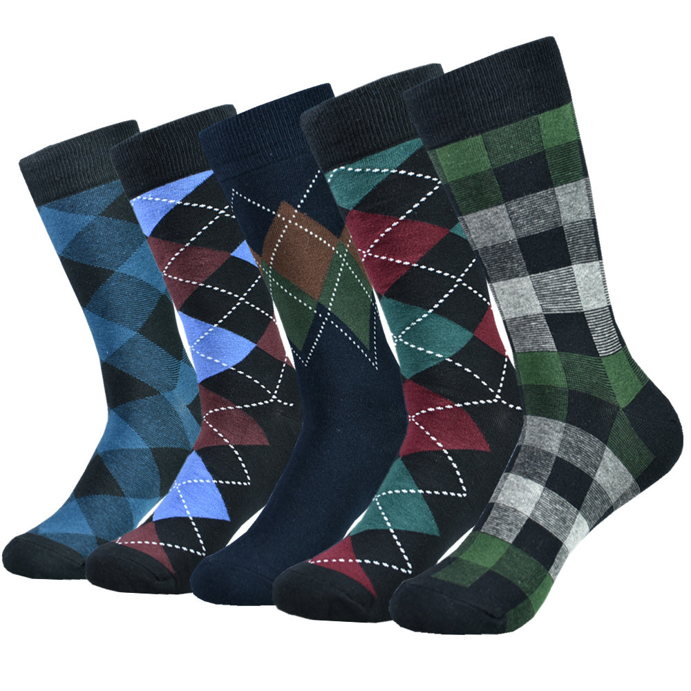 5pairs Men's Cotton Argyle Color Block Soft Crew Socks, Men's Business Socks, Multicolor Set - The Superior Findings Depot