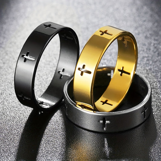 1pc Fashionable And Trendy Stainless Steel Ring With Hollow Cross For Men