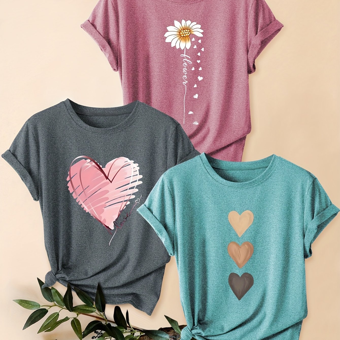 3pcs Women's Vintage-Inspired Graphic Tees - Floral & Heart Print Casual Short Sleeve T-Shirts, Soft Stretch Round Neck Tops for Spring Summer Fall,, Teal & Lavender, Seasonal Fashion, Artistic Design, Lightweight Tee, Printe - The Superior Findings Depot