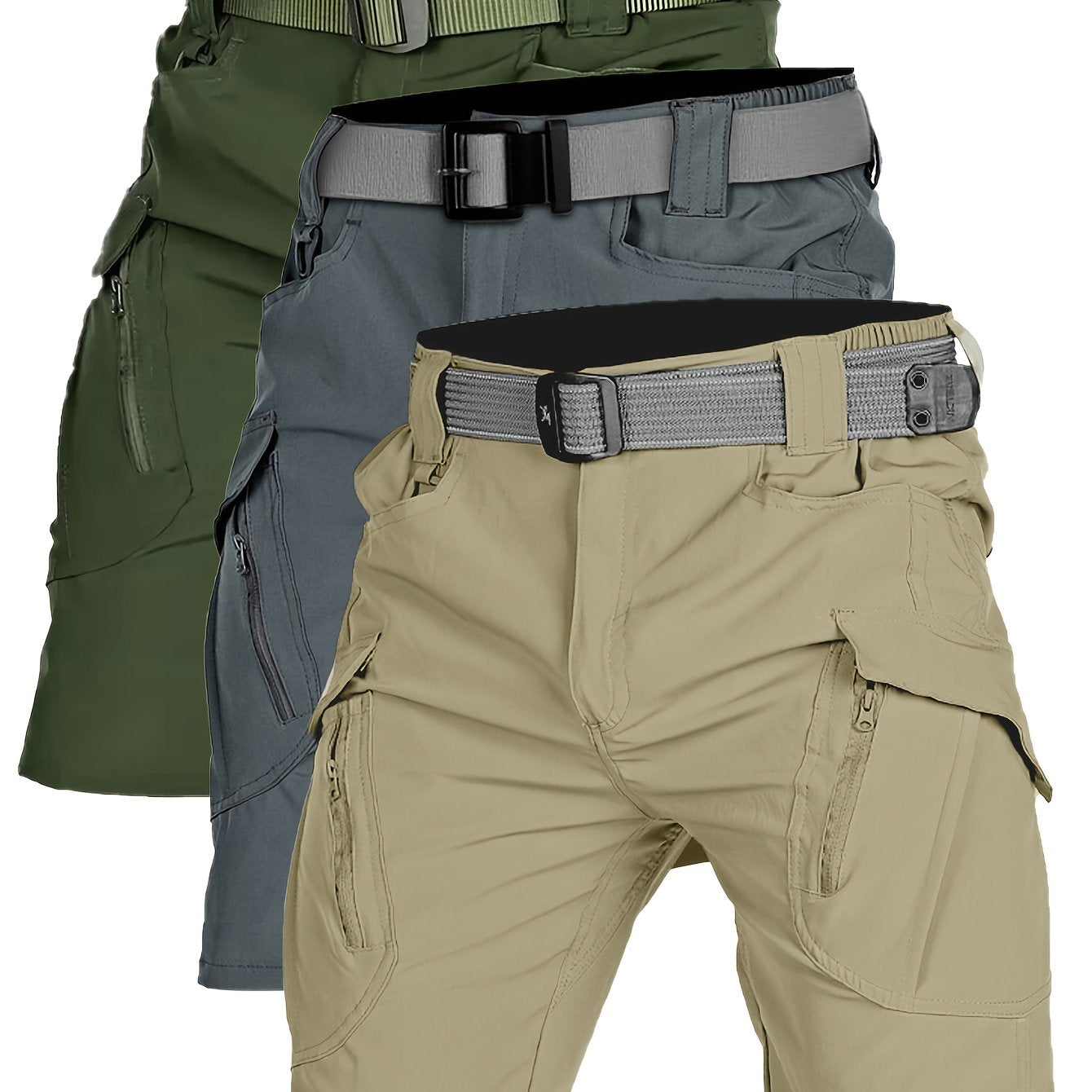 3pcs Men'S Quick-Dry Lightweight Breathable Elastic Waist Tactical Shorts - Summer Outdoor Casual Shorts with Multiple Pockets for Hiking, Running & Training, No Belt Needed, Solid Colors (Olive/Charcoal/Beige), Hiking Shorts - The Superior Findings Depot