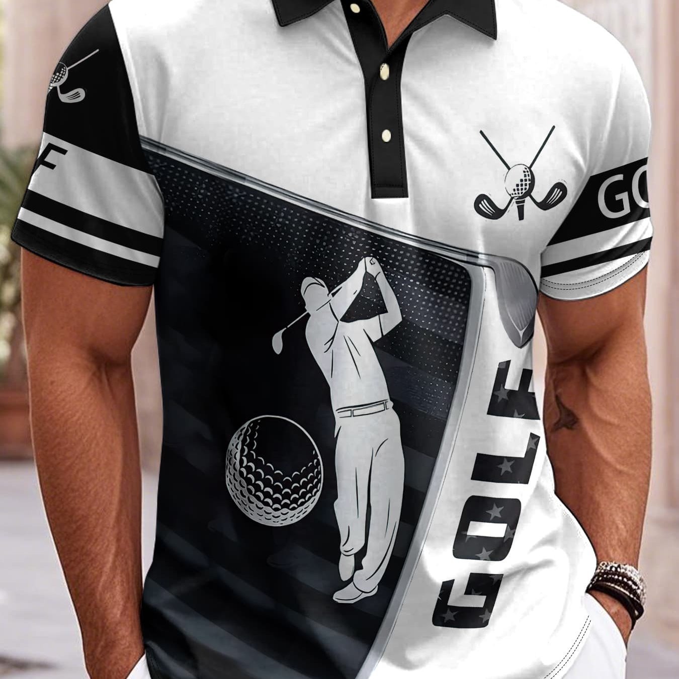 Men's Summer Casual Golf Shirt - Breathable Short Sleeve with Golf Club & Ball Graphic Print, Contrast Stripe Collar, Regular Fit for Outdoor Sports & Casual Wear, Golf Shirt, Smooth Texture Fabric