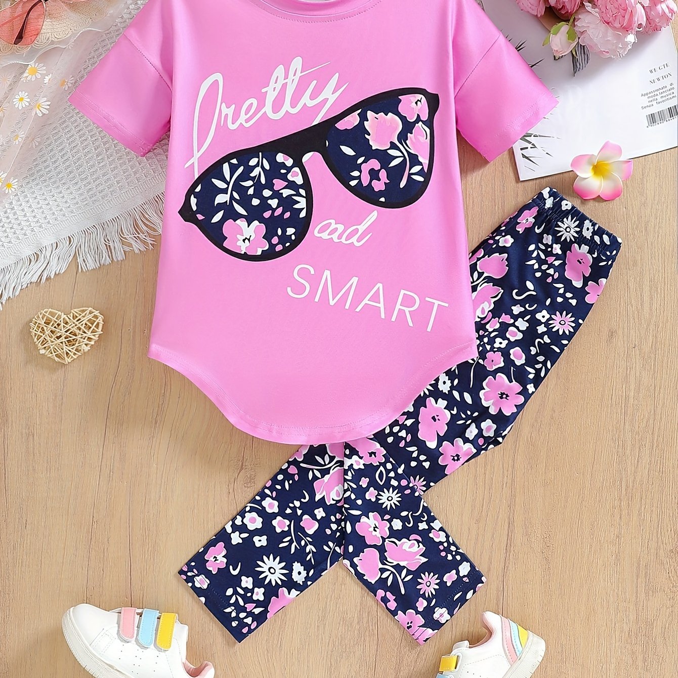2pcs Girls' Clothing Party Slogan Large Glasses Print Pattern Drop Shoulder Irregular Hem Design Loose Short Sleeve T-Shirt + Floral Print Skinny Nine-Tenths Bottoms Set Girls' Summer Outfit Holiday Gift Girls' Fashion Casual - The Superior Findings Depot