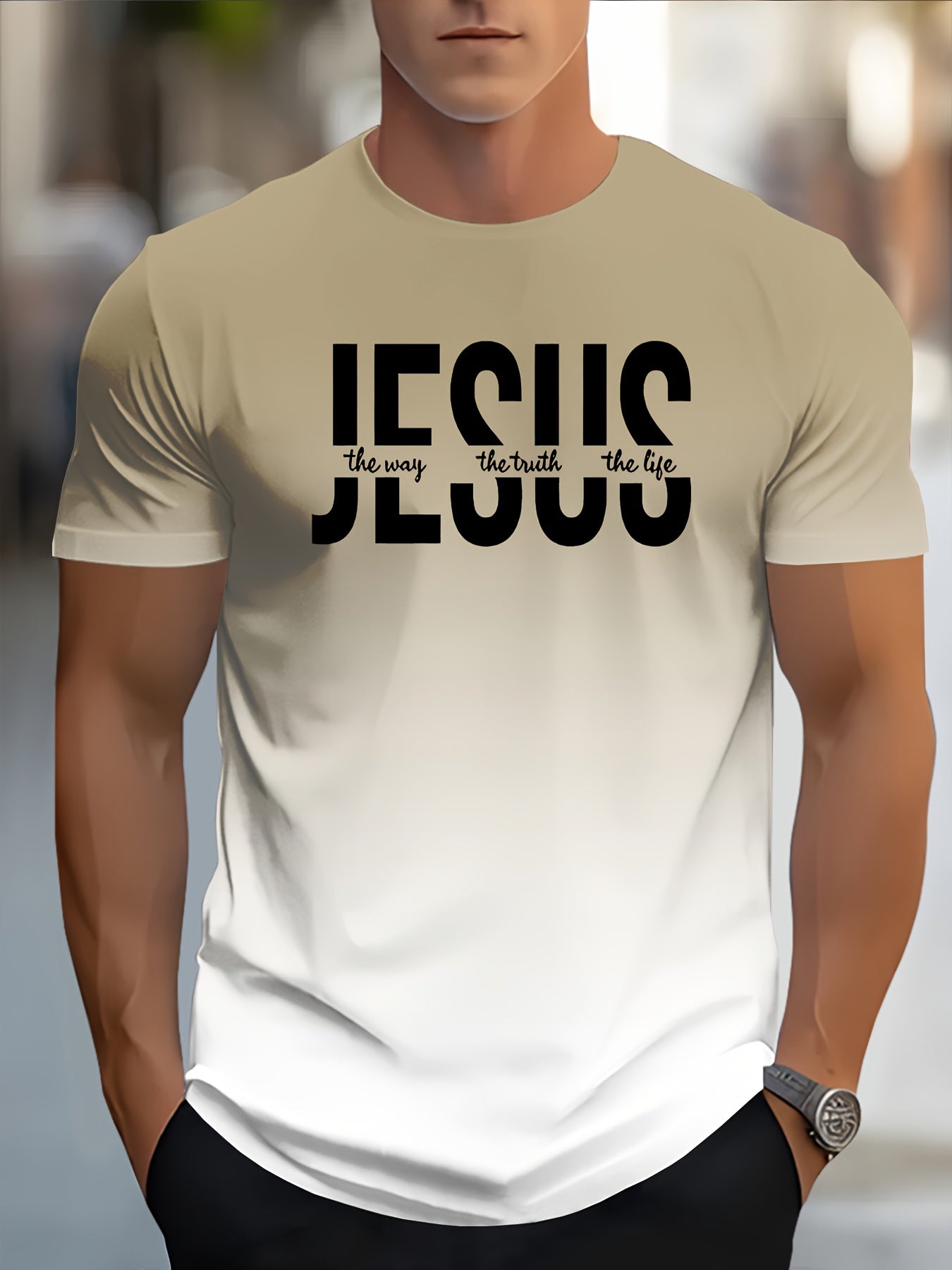 Men's Short Sleeve T-Shirt with Bold "JESUS THE WAY TRUTH LIFE" Print - Green & White Gradient Casual Round Neck Tee, Machine Washable Regular Fit Religious Graphic Top - The Superior Findings Depot