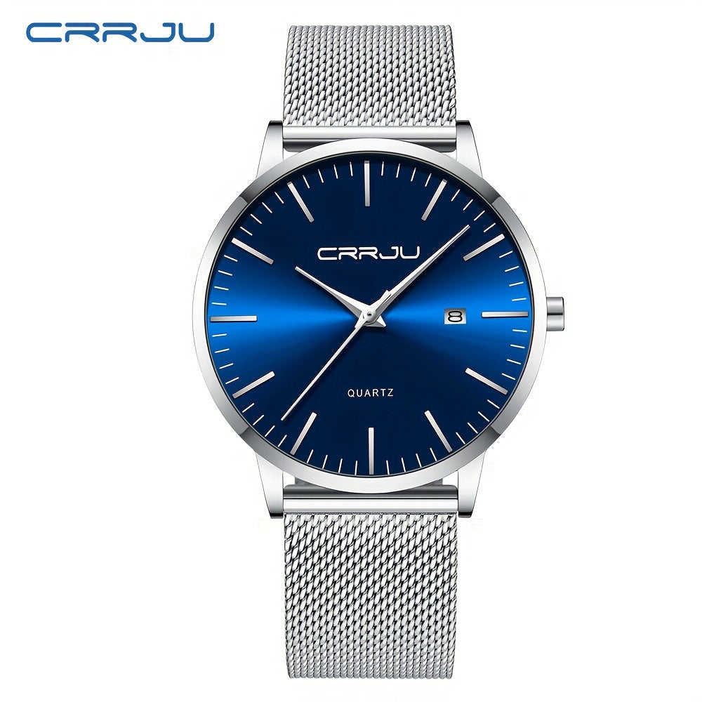 CRRJU Men'S Slim Quartz Watch, Casual Style, Round Zinc Alloy Case, Stainless Steel Strap, Pointer Display, Battery Powered, IPX8 Water Resistant, Non-rechargeable Button Battery