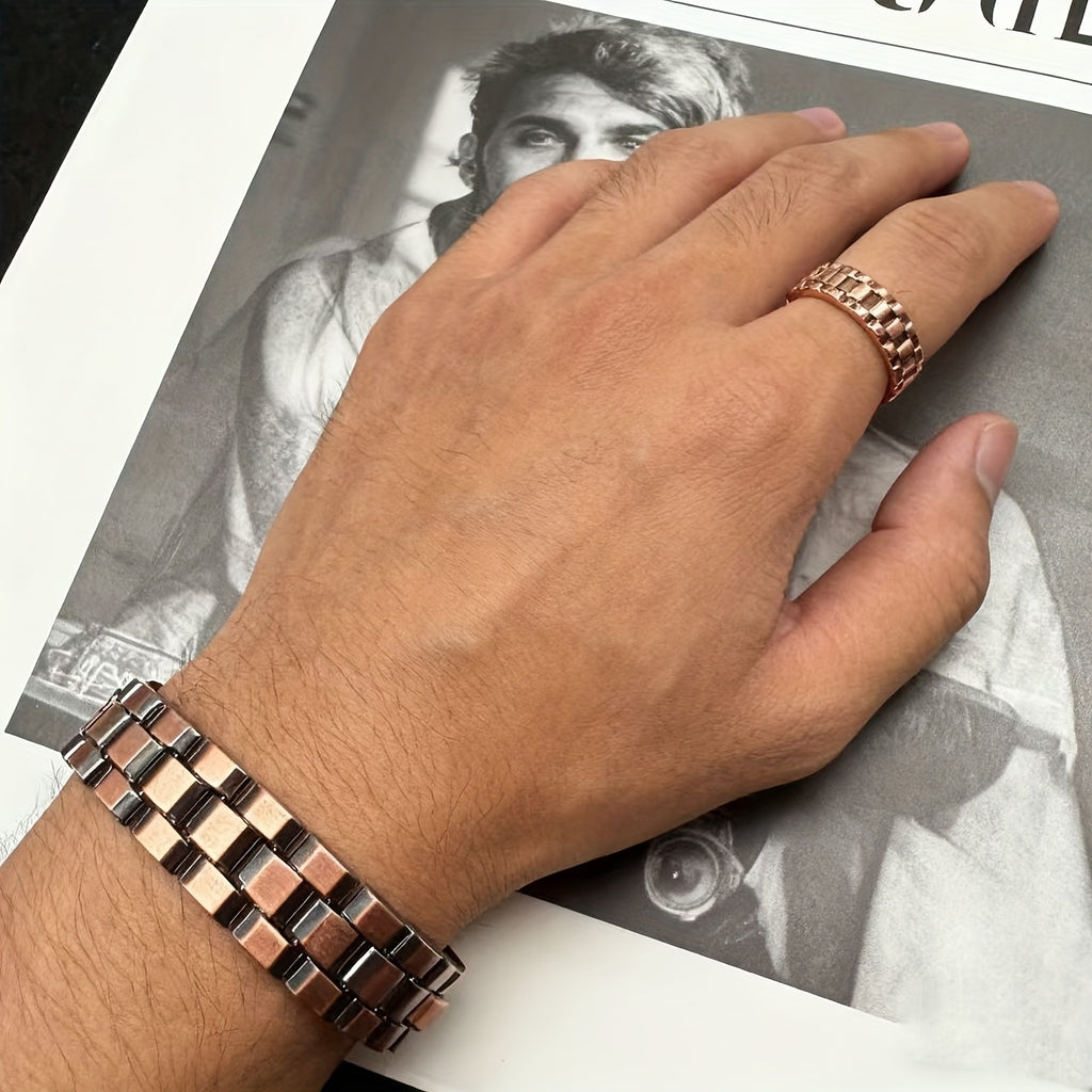 2pcss Men'S Magnetic Bracelet & Ring Set - Adjustable Copper Magnetic Wristband with Polished Finish, 2pcs Set for Wellness, Travel, Home, Office, Magnetic Bracelet For Men, Office Accessory, Sleek Design, Durable Constructio - The Superior Findings Depot