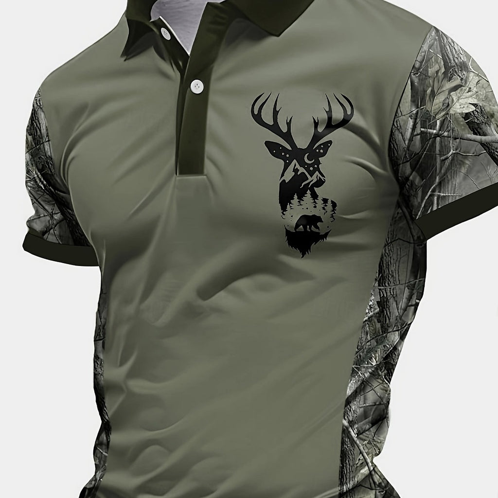Men's Camouflage Sleeve Shirt - Khaki Base with Elk Print