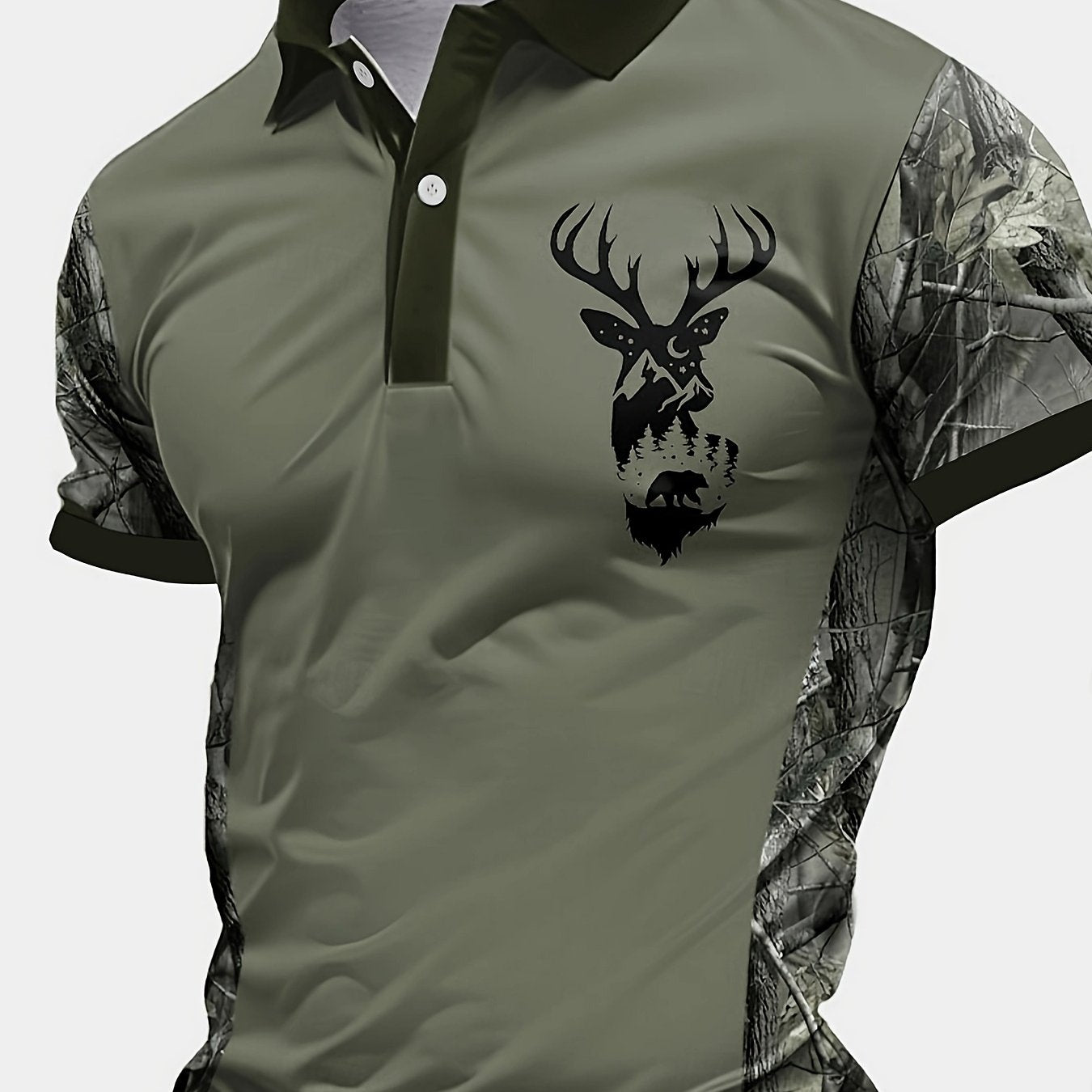 Men's Camouflage Sleeve Shirt - Khaki Base with Elk Print