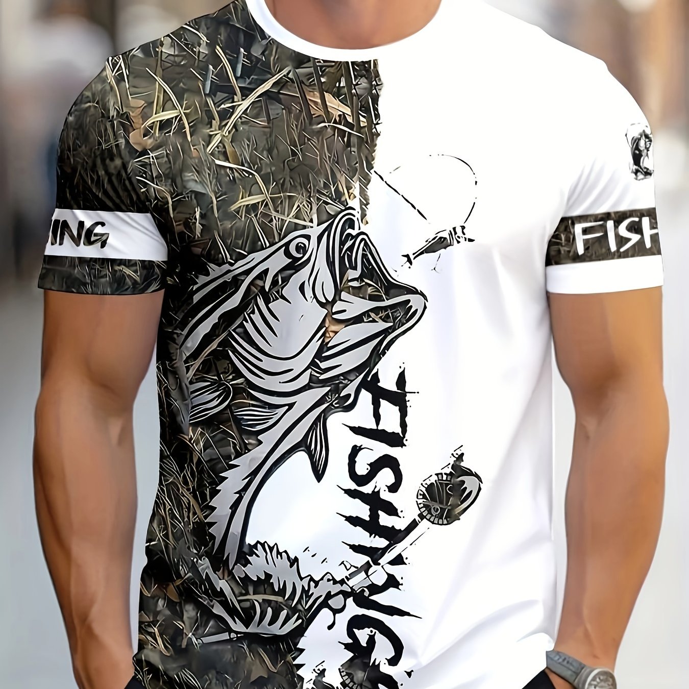 Men's Fashion Casual Crew Neck 3D Fishing Print T-Shirt, 100% Polyester Knit Fabric, Casual Style with Slight Stretch, Regular Fit Animal Pattern Tee