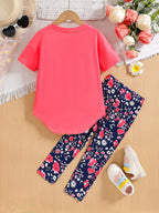2pcs Girls' Clothing Party Slogan Large Glasses Print Pattern Drop Shoulder Irregular Hem Design Loose Short Sleeve T-Shirt + Floral Print Skinny Nine-Tenths Bottoms Set Girls' Summer Outfit Holiday Gift Girls' Fashion Casual - The Superior Findings Depot