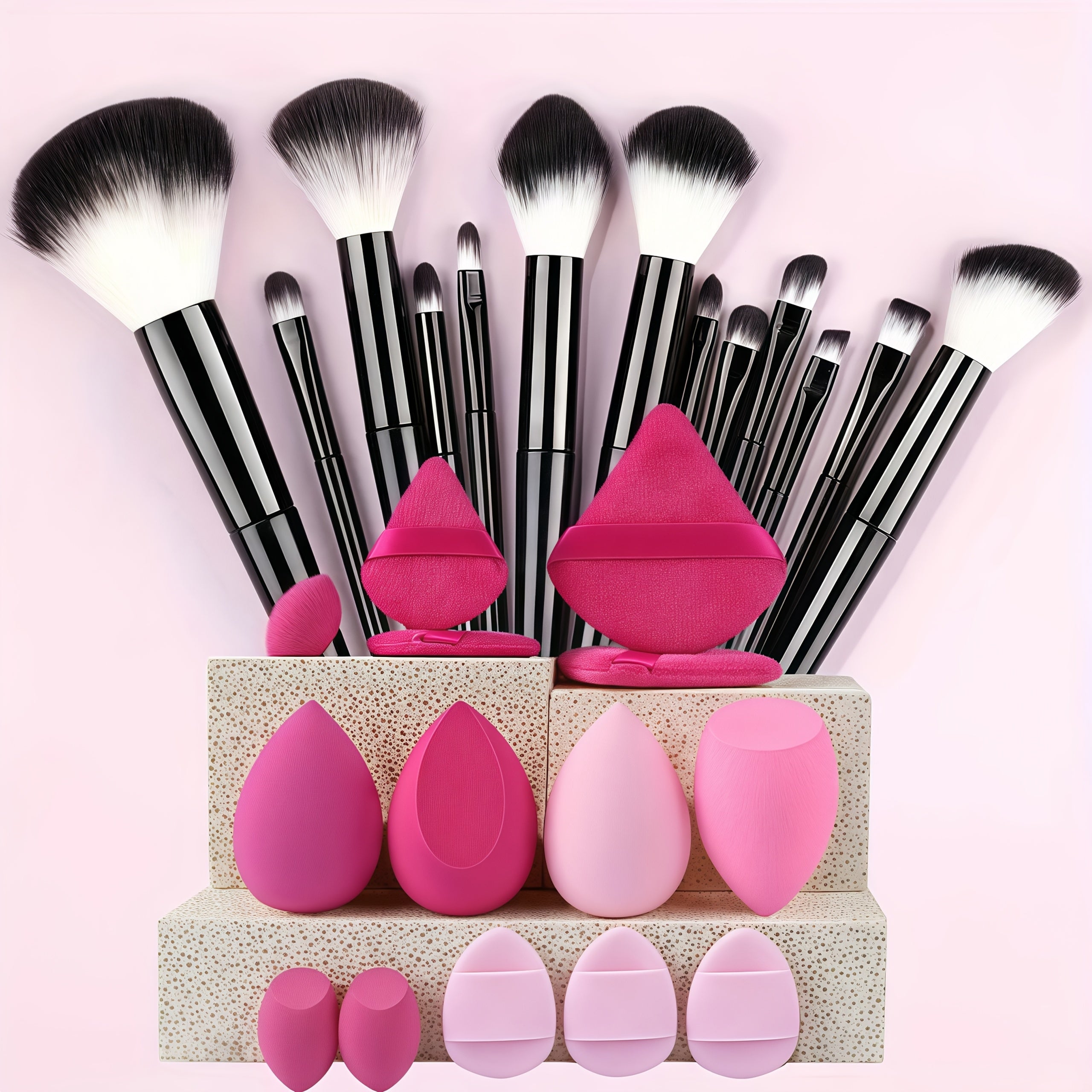 13pcs set of soft makeup brush, 8 mini brush &14 sponge set, soft makeup brush with cosmetic sponge, for makeup base pink, shadow of eyes, makeup brush for blurring Kabuki, beauty tools - The Superior Findings Depot