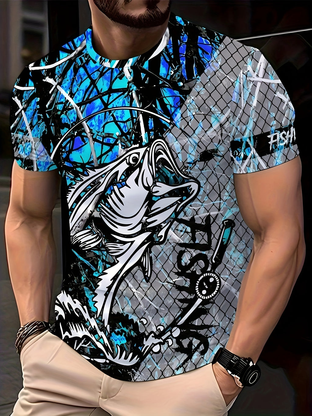 Men's Fashion Casual Crew Neck 3D Fishing Print T-Shirt, 100% Polyester Knit Fabric, Casual Style with Slight Stretch, Regular Fit Animal Pattern Tee
