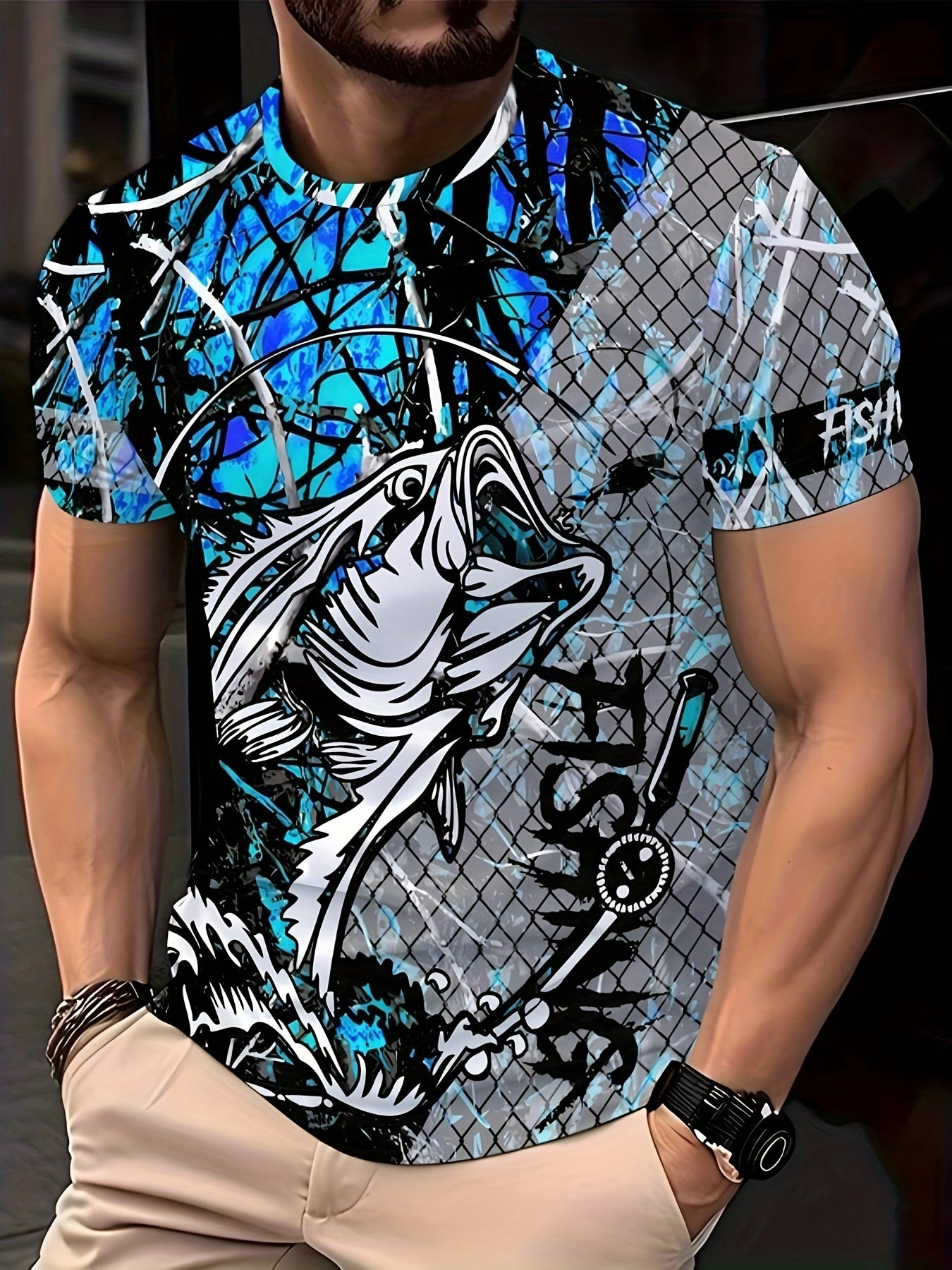 Men's Fashion Casual Crew Neck 3D Fishing Print T-Shirt, 100% Polyester Knit Fabric, Casual Style with Slight Stretch, Regular Fit Animal Pattern Tee
