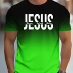 Men's Short Sleeve T-Shirt with Bold "JESUS THE WAY TRUTH LIFE" Print - Green & White Gradient Casual Round Neck Tee, Machine Washable Regular Fit Religious Graphic Top - The Superior Findings Depot