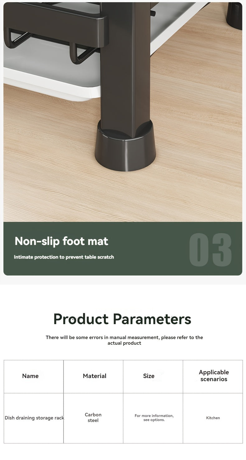 2025 Two/Three-Tier Carbon Steel Dish Rack with Drain Board, Cutlery Holder and Cup Hook - Space-Saving for Kitchen Countertop Storage - Black, No Electricity Required, Dish Drying Rack | Smooth Black Surface | Durable Kitche - The Superior Findings Depot