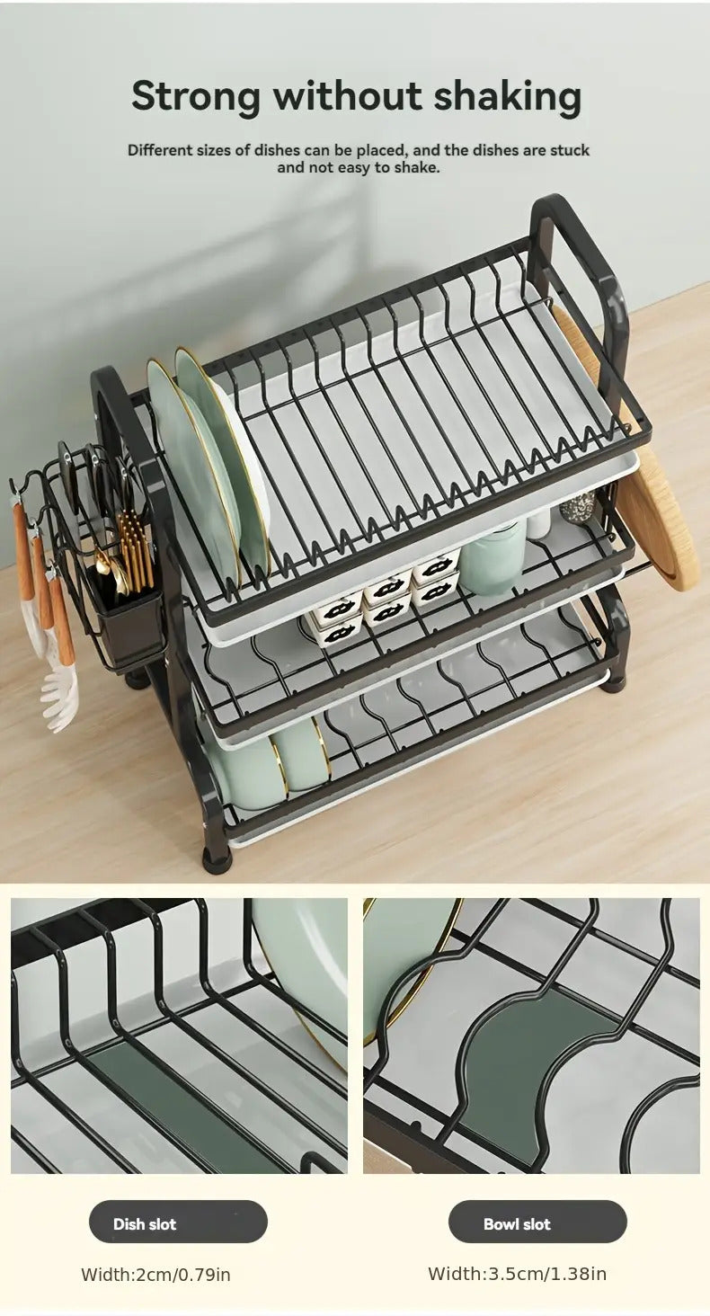 2025 Two/Three-Tier Carbon Steel Dish Rack with Drain Board, Cutlery Holder and Cup Hook - Space-Saving for Kitchen Countertop Storage - Black, No Electricity Required, Dish Drying Rack | Smooth Black Surface | Durable Kitche - The Superior Findings Depot