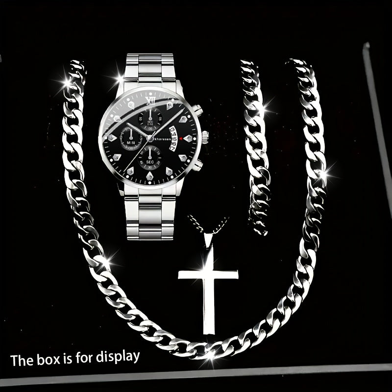 4pcs Men's Cool Trendy Silvery Watch + Chain Accessory Set, Quartz Movement, Zinc Alloy Case & Strap, Electronic Drive, Non-Rechargeable Battery, Round Dial, Pointer Display, Sports Style, Suitable for Him on Anniversary Birt - The Superior Findings Depot