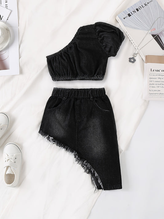 Chic Girls’ Denim 2-Piece Outfit – Off-Shoulder Top &amp; Irregular Raw Hem Skirt | Stylish, Comfortable &amp; Perfect for Summer Wear