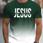 Men's Short Sleeve T-Shirt with Bold "JESUS THE WAY TRUTH LIFE" Print - Green & White Gradient Casual Round Neck Tee, Machine Washable Regular Fit Religious Graphic Top - The Superior Findings Depot