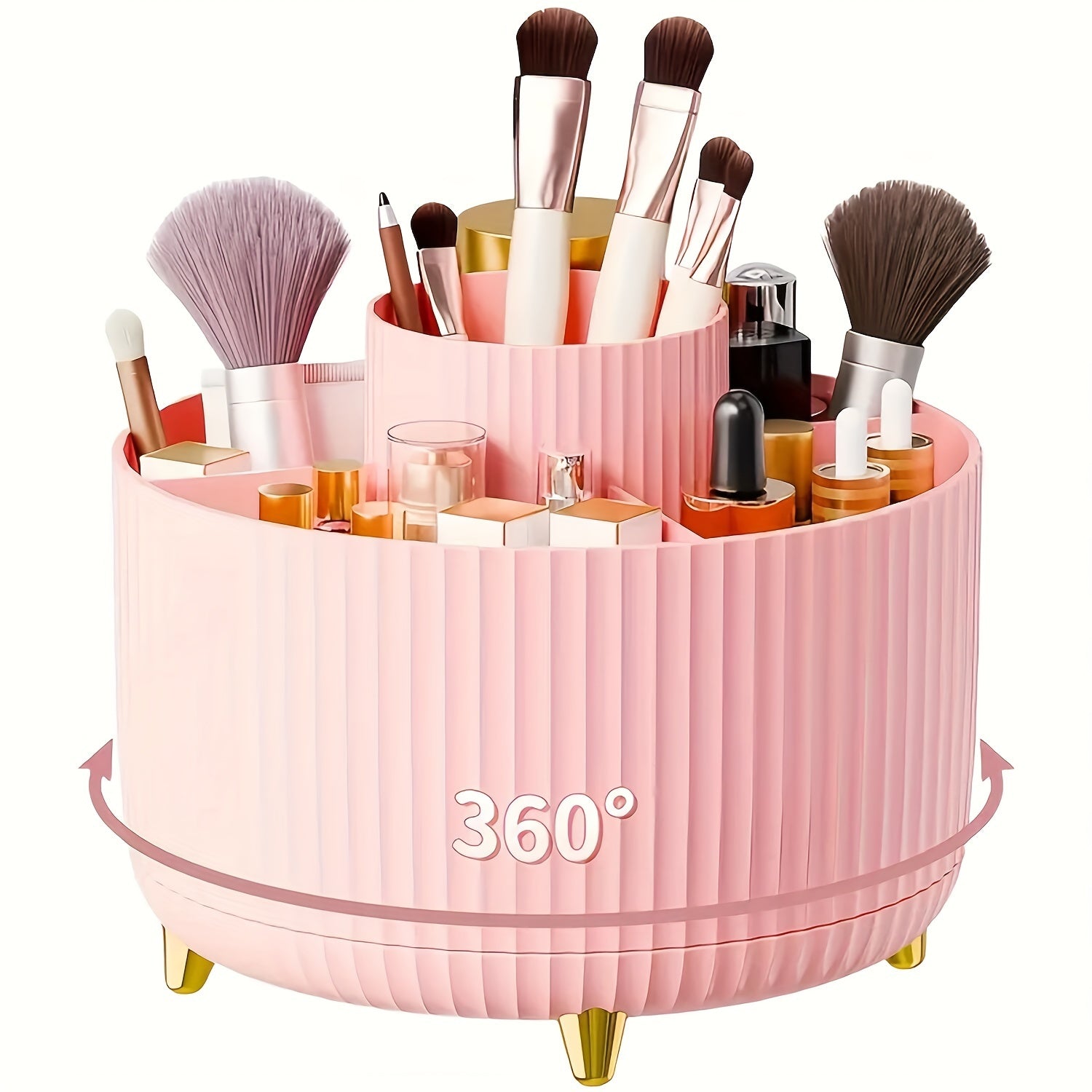 [5-Tier Rotating Organizer] 1pc ABERZEY 360° Rotating Makeup Organizer with 5-Tier Compartments - 360° Spinning Cosmetic & Desk Caddy, Durable Plastic White & Luxury Stripe Storage for Brushes, Lipsticks, Skincare, Statione - The Superior Findings Depot