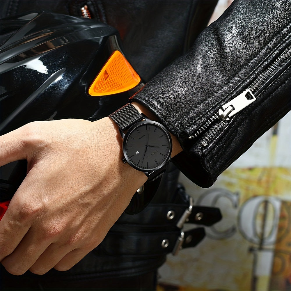 CRRJU Men'S Slim Quartz Watch, Casual Style, Round Zinc Alloy Case, Stainless Steel Strap, Pointer Display, Battery Powered, IPX8 Water Resistant, Non-rechargeable Button Battery