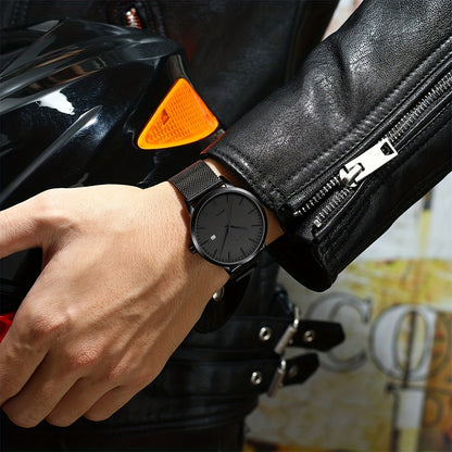 CRRJU Men'S Slim Quartz Watch, Casual Style, Round Zinc Alloy Case, Stainless Steel Strap, Pointer Display, Battery Powered, IPX8 Water Resistant, Non-rechargeable Button Battery