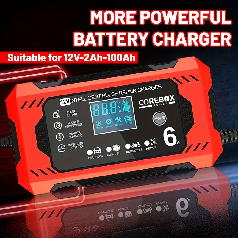 COREBOX 12V 6A Smart Battery Charger with LCD Display, 12V 6A Fast/Trickle Charger, Overcharge/Overheat/Short Circuit/Reverse Polarity, Automatic Switch Mode, Microprocessor Controlled, Compatible with AGM/GEL/SLA/Wet/EFB, 4- - The Superior Findings Depot