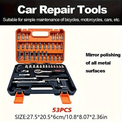 53pcs Universal Car Repair Tool Set - Comprehensive Automotive Maintenance Solution - High-Quality Durable Accessories Suitable for DIY Repairs and Daily Use, Industrial Professional Manual Tool Kit Including Socket Wrenches