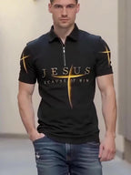 Men's Short-Sleeve Shirt with Golden Cross Graphic - Black Polyester Casual Summer Top with Zipper Detail and Vibrant Digital Print - Regular Fit for Casual Attire