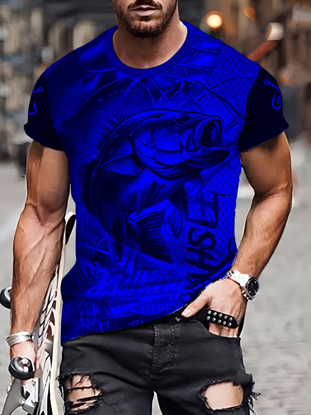 Men'S 3D Printed Fish T-Shirt | Suitable for Summer Outdoor Activities, Fishing, and Cycling | Crew Neck, Regular Fit, Slight Stretch Fabric