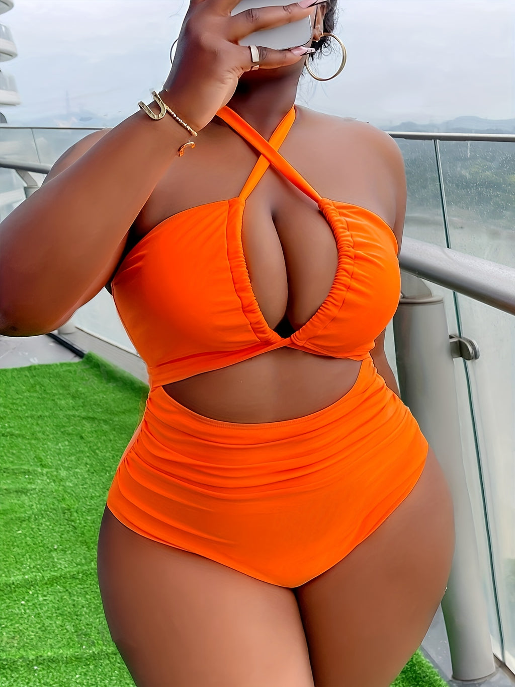 [Plus Size One-Piece Swimsuit] Unyooke Women's Plus Size Sexy Solid Orange One-Piece Swimsuit - Halter Neck High-Stretch Polyester Bathing Suit with Removable Chest Pads, Full Coverage & Smooth Texture for Beach, Pool, Vacati - The Superior Findings Depot