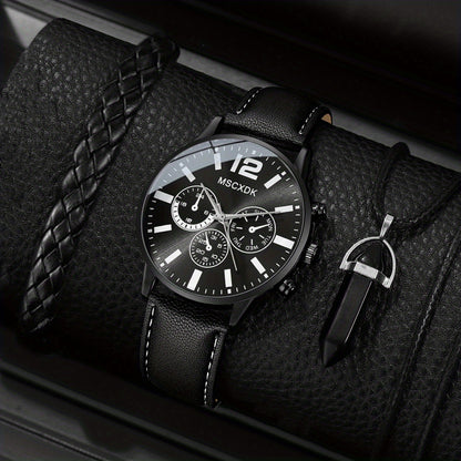 3pcs/set - Elegant Men's Quartz Watch with Matching Bracelet and Necklace - Stylish Timepiece, Perfect for Gifting on Special Occasions