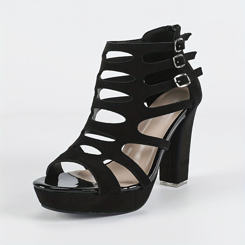 Fashion Block Heel Cutout Peep Toe Sandals, Buckle Platform Versatile Daily Nightclub Style Shoes for Women - The Superior Findings Depot
