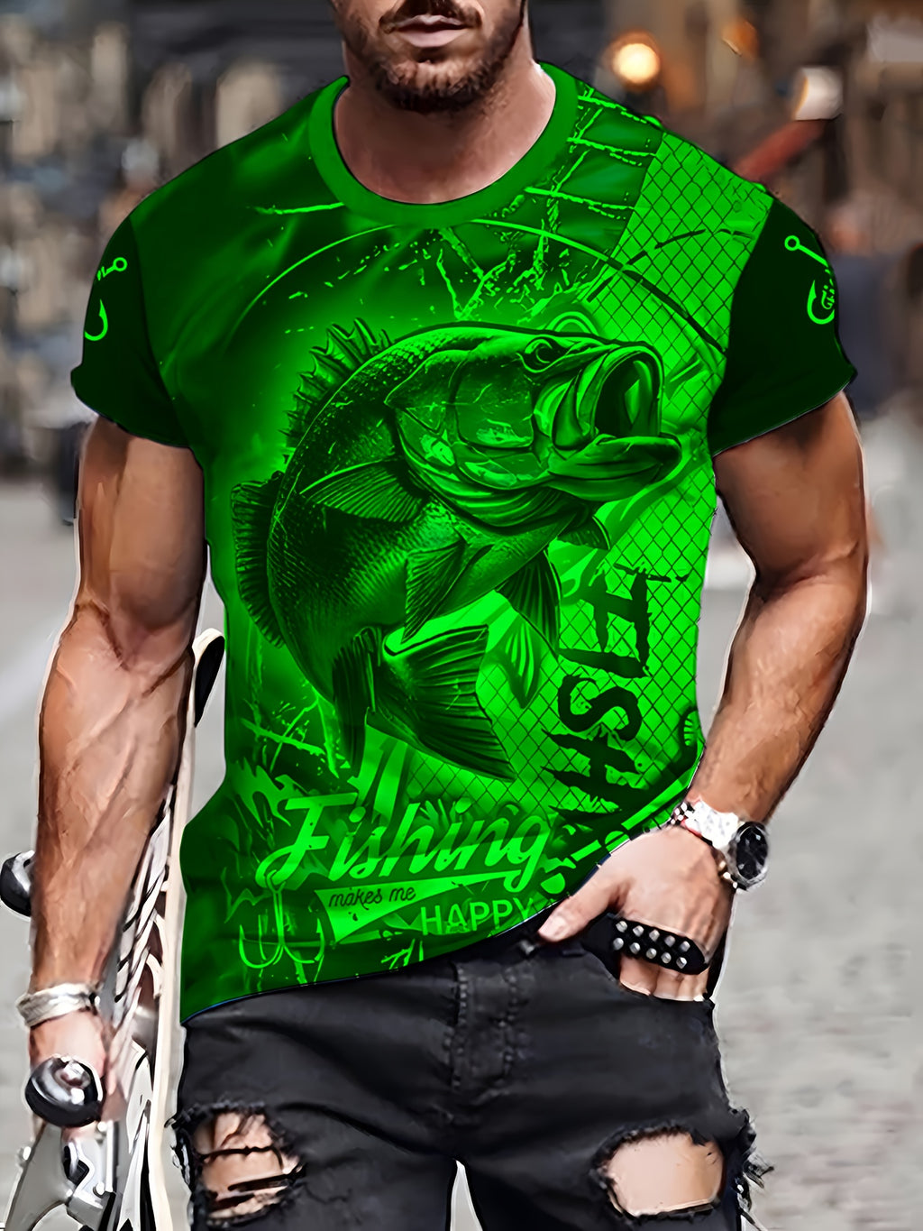 Men'S 3D Printed Fish T-Shirt | Suitable for Summer Outdoor Activities, Fishing, and Cycling | Crew Neck, Regular Fit, Slight Stretch Fabric