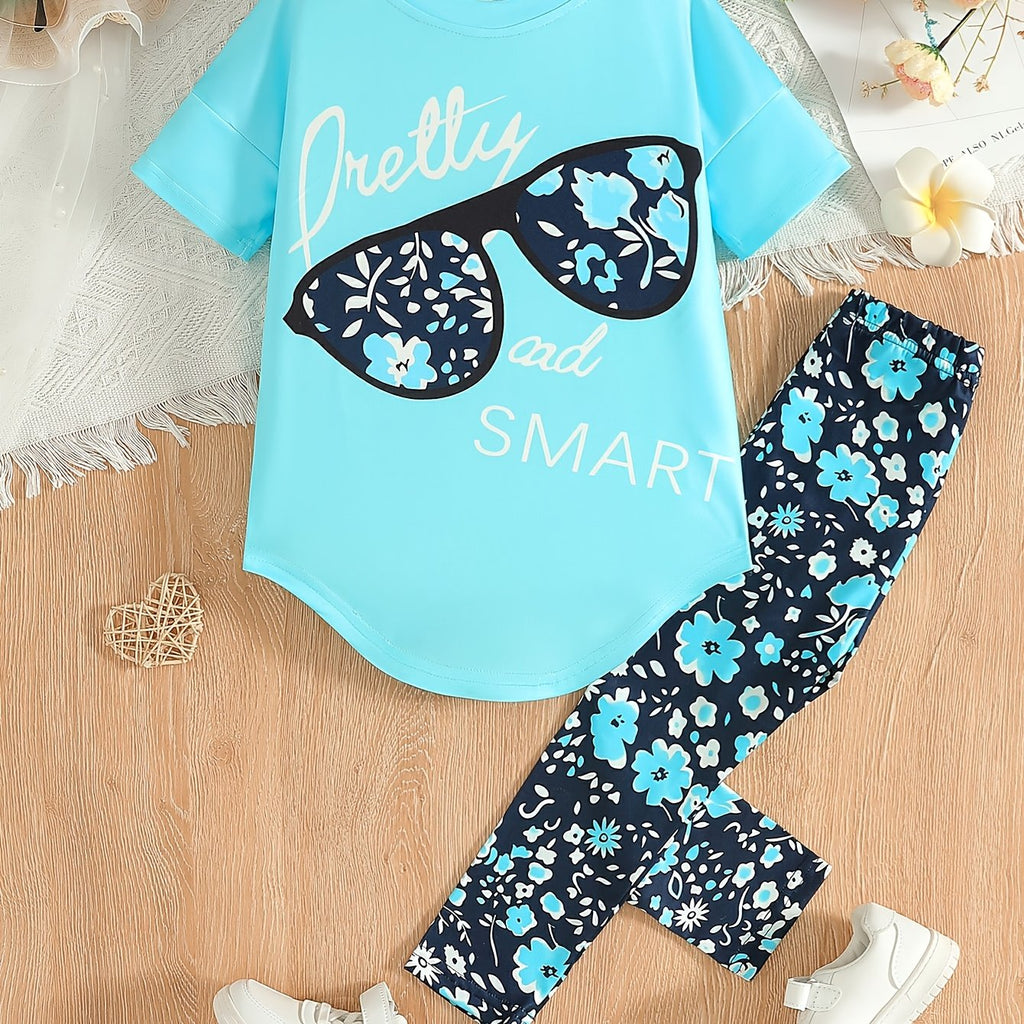 2pcs Girls' Clothing Party Slogan Large Glasses Print Pattern Drop Shoulder Irregular Hem Design Loose Short Sleeve T-Shirt + Floral Print Skinny Nine-Tenths Bottoms Set Girls' Summer Outfit Holiday Gift Girls' Fashion Casual - The Superior Findings Depot
