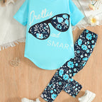 2pcs Girls' Clothing Party Slogan Large Glasses Print Pattern Drop Shoulder Irregular Hem Design Loose Short Sleeve T-Shirt + Floral Print Skinny Nine-Tenths Bottoms Set Girls' Summer Outfit Holiday Gift Girls' Fashion Casual - The Superior Findings Depot