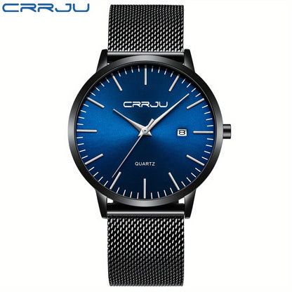 CRRJU Men'S Slim Quartz Watch, Casual Style, Round Zinc Alloy Case, Stainless Steel Strap, Pointer Display, Battery Powered, IPX8 Water Resistant, Non-rechargeable Button Battery