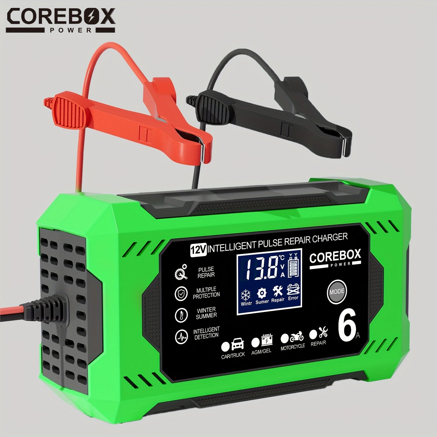 COREBOX 12V 6A Smart Battery Charger with LCD Display, 12V 6A Fast/Trickle Charger, Overcharge/Overheat/Short Circuit/Reverse Polarity, Automatic Switch Mode, Microprocessor Controlled, Compatible with AGM/GEL/SLA/Wet/EFB, 4- - The Superior Findings Depot