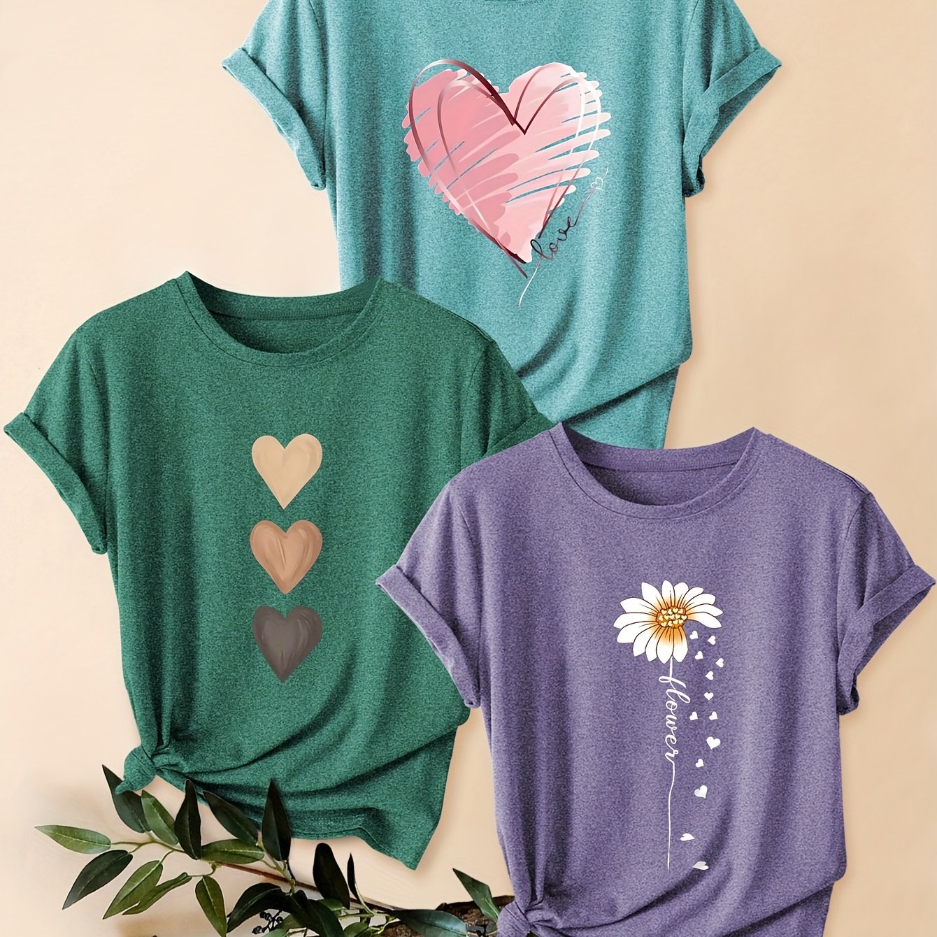 3pcs Women's Vintage-Inspired Graphic Tees - Floral & Heart Print Casual Short Sleeve T-Shirts, Soft Stretch Round Neck Tops for Spring Summer Fall,, Teal & Lavender, Seasonal Fashion, Artistic Design, Lightweight Tee, Printe - The Superior Findings Depot