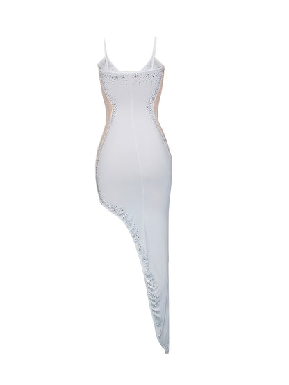 Solid Rhinestone Asymmetrical Sleeveless Dress, Sexy Off Shoulder Split Maxi Dress, Women's Clothing