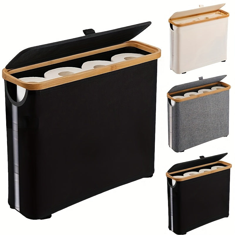 Large Capacity Toilet Paper Holder with Lid - Foldable Wood Frame