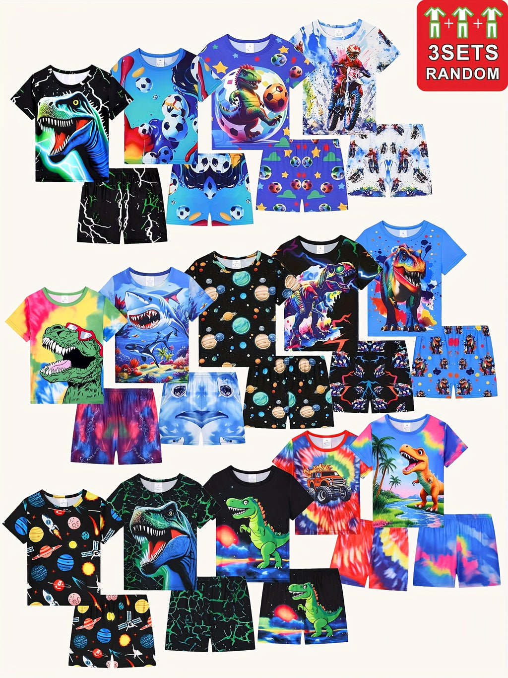 Hot-Selling ' And ' /Loungewear Sets, 3 Sets Randomly Selected. Stylish And Energetic Design, Suitable for All Seasons, Featuring Soccer Balls, Motorcycles, Planets, And Dinosaurs. Skin-Friendly, Soft, And Comfortable., Perfe - The Superior Findings Depot
