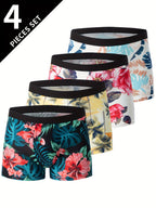 4pcs Flower Pattern Men's Antibacterial Underwear, Casual Boxer Briefs Shorts, Breathable Comfy Stretchy Boxer Sports Shorts - The Superior Findings Depot