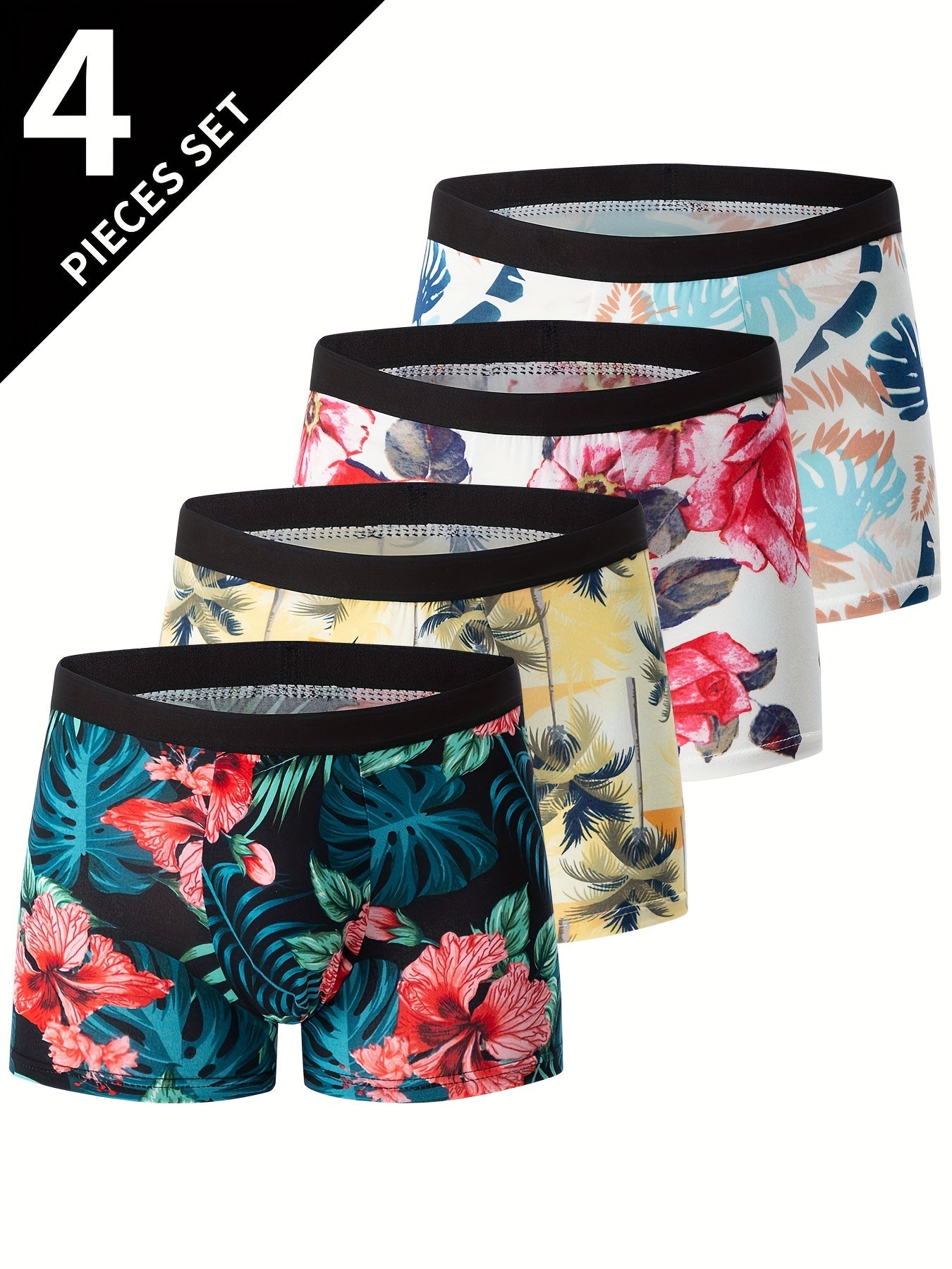 4pcs Flower Pattern Men's Antibacterial Underwear, Casual Boxer Briefs Shorts, Breathable Comfy Stretchy Boxer Sports Shorts - The Superior Findings Depot